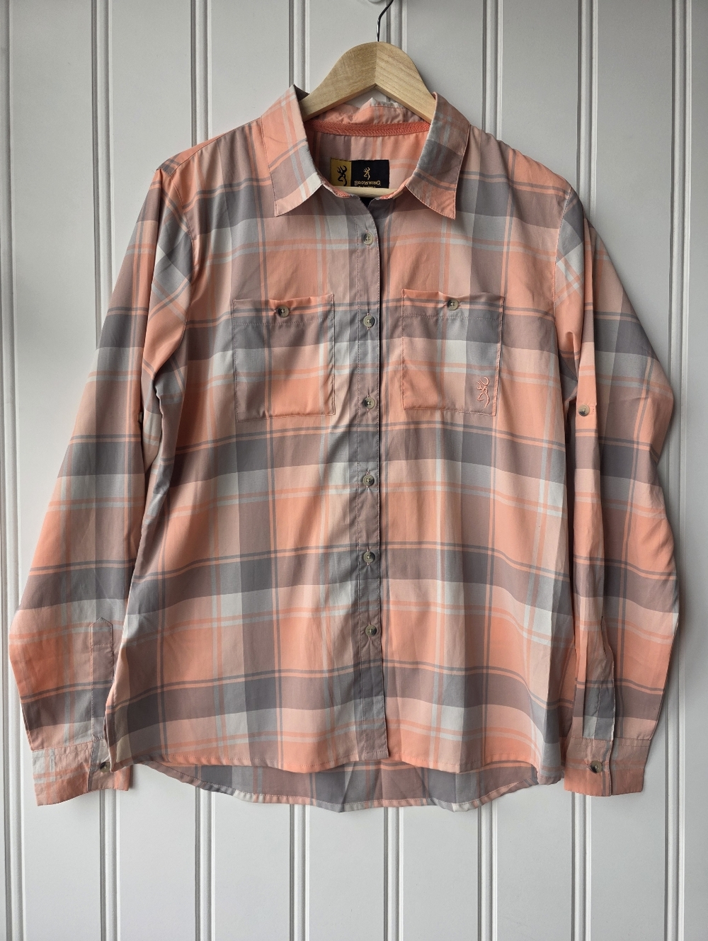 Browning Peach Grey Plaid Button Down Shirt Western Cowgirl Womens Large